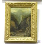VICTORIAN SCHOOL - A WOMAN IN A MOUNTAIN GORGE WITH INSCRIPTION VERSO W WAINWRIGHT, OIL ON CANVAS
