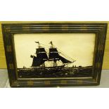 A GLASS SILHOUETTE OF A BRIG AND OTHER SHIPPING OFF THE COAST, IN CONTEMPORARY LATE VICTORIAN REEDED