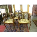 A HAMPTON & SONS MAHOGANY ARMCHAIR WITH CARVED SPLAT AND PADDED WOOLWORK SEAT, MAKER'S IVORINE TRADE