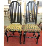 A PAIR OF QUEEN ANNE EBONISED CHAIRS WITH MOULDED BACK AND UPRIGHTS ON CABRIOLE LEGS WITH