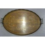 AN EDWARDIAN INLAID MAHOGANY OVAL GALLERY TRAY WITH BRASS HANDLES