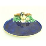 A WEDGWOOD MAJOLICA TRAY WITH BIRD HANDLE, 19TH C