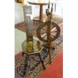 A PENWORK DECORATED EBONISED CHAIR WITH PIERCED BACK AND A VICTORIAN TURNED WOOD SPINNING WHEEL