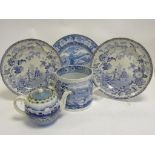 A BLUE PRINTED EARTHENWARE LOVING CUP WITH RUSTIC COURTSHIP AND A FAMILY BEFORE A COUNTRY HOUSE, ONE