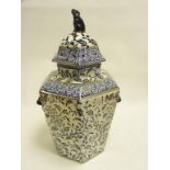 A VICTORIAN BLUE AND GILT EARTHENWARE HEXAGONAL POT POURRI JAR AND COVER