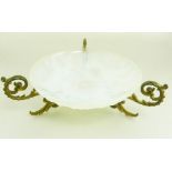 ETLING OPALESCENT GLASS SUN FLOWER DISH AND A GILT BRASS STAND OF SCROLLING FOLIATE DESIGN