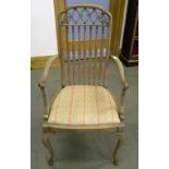 A 1920S LIMED WALNUT OPEN ARMCHAIR AND A 19TH C MAHOGANY SIDE TABLE WITH D SHAPED LINE INLAID TOP