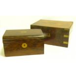 A VICTORIAN BRASS MOUNTED WALNUT WRITING BOX WITH FITTED INTERIOR AND A VICTORIAN WALNUT WORKBOX