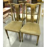 A SET OF FOUR EDWARDIAN STAINED BEECH AND INLAID DINING CHAIRS WITH PIERCED SPLAT, ON SQUARE TAPERED