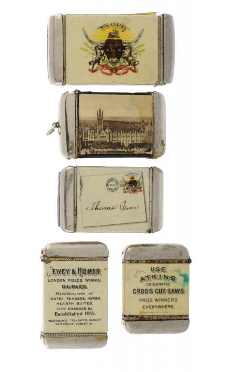 FIVE NICKEL PLATED BRASS AND CELLULOID VESTA CASES two advertising the Molassine Co Ltd, another