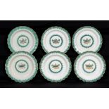 A PAIR OF WORCESTER FRENCH GREEN GROUND PLATES, C1770-72 AND FOUR LATER PLATES EN SUITE   of saw