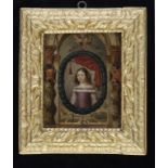 SPANISH SCHOOL, 17TH CENTURY  PORTRAIT OF A YOUNG WOMAN  half length before drapery in wreath