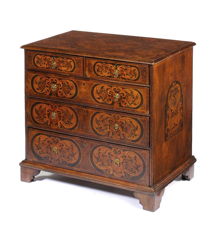 A WILLIAM III WALNUT AND MARQUETRY CHEST OF DRAWERS, C1700   with grotesques and curling foliage