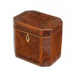 A GEORGE III YEW WOOD AND BURR YEW TEA CADDY, C1800 crossbanded in rosewood,  12.5cm w++A very