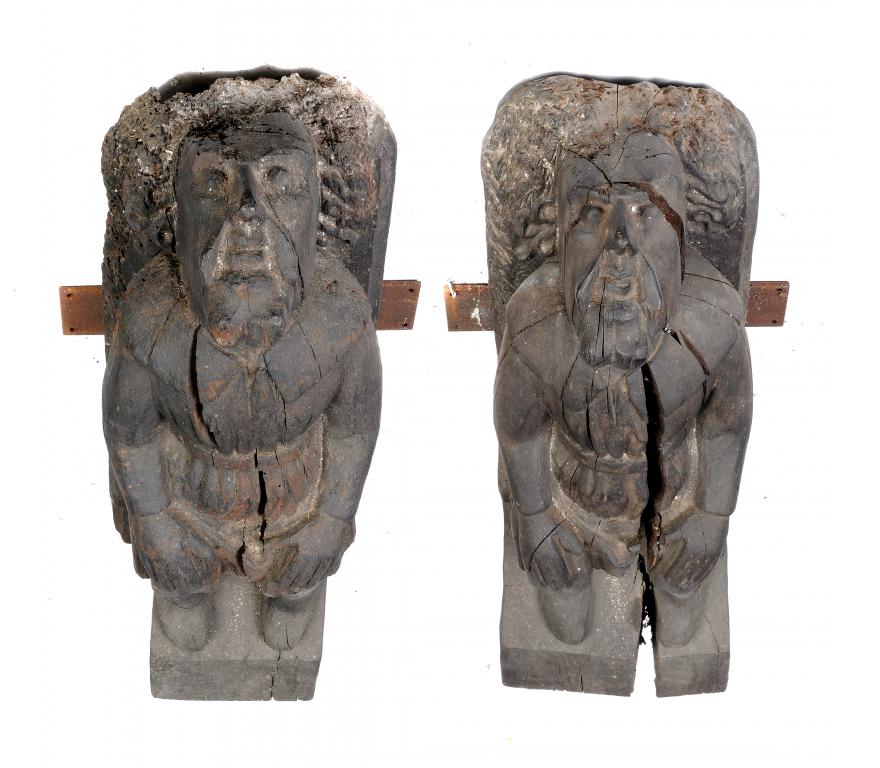 TWO ELIZABETHAN CARVED OAK CORBELS, POSSIBLY FROM A STAIRCASE OR CEILING, C1600, 86 and 87cm h, by