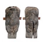 TWO ELIZABETHAN CARVED OAK CORBELS, POSSIBLY FROM A STAIRCASE OR CEILING, C1600, 86 and 87cm h, by