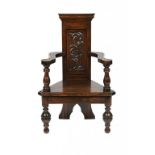 A 17TH CENTURY STYLE CARVED OAK CAQUETEUSE, C1900  97cm h, underside of the seat carved 8302++Of