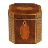 A GEORGE III MAHOGANY, TULIPWOOD AND HAREWOOD TEA CADDY, C1800  11cm w++One or two slight faults,