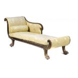 A REGENCY PARCEL GILT AND GRAINED ROSEWOOD CHAISE LONGUE, C1800  the scroll back with lion mask,