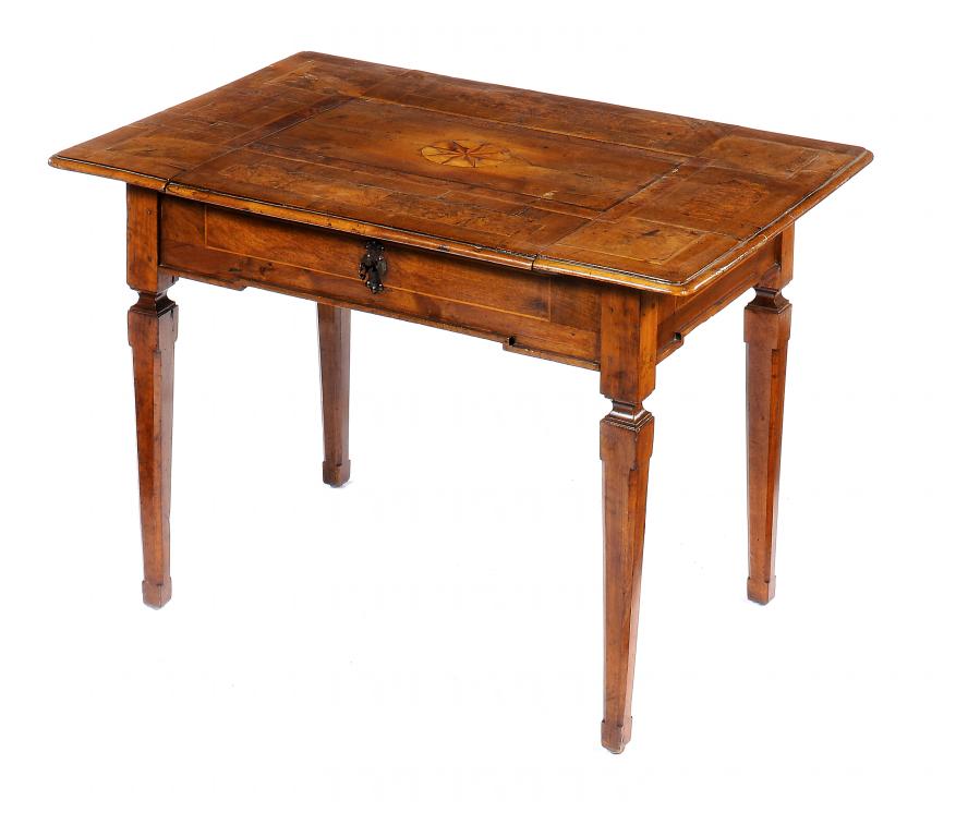 A NORTH ITALIAN WALNUT AND BURR WALNUT TABLE, 18TH C   the top with mirror to the underside of the