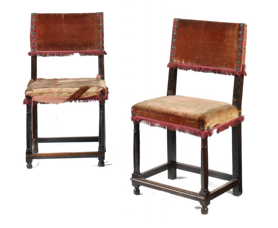 A PAIR OF NORTHERN EUROPEAN  BEECH UPHOLSTERED BACK STOOLS, LATE 17TH C  covered in early pink