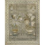 A LINEN SAMPLER, MARGARET ROGERS WORK SEPTEMBER 29 1836 with two prominent vases of flowers in