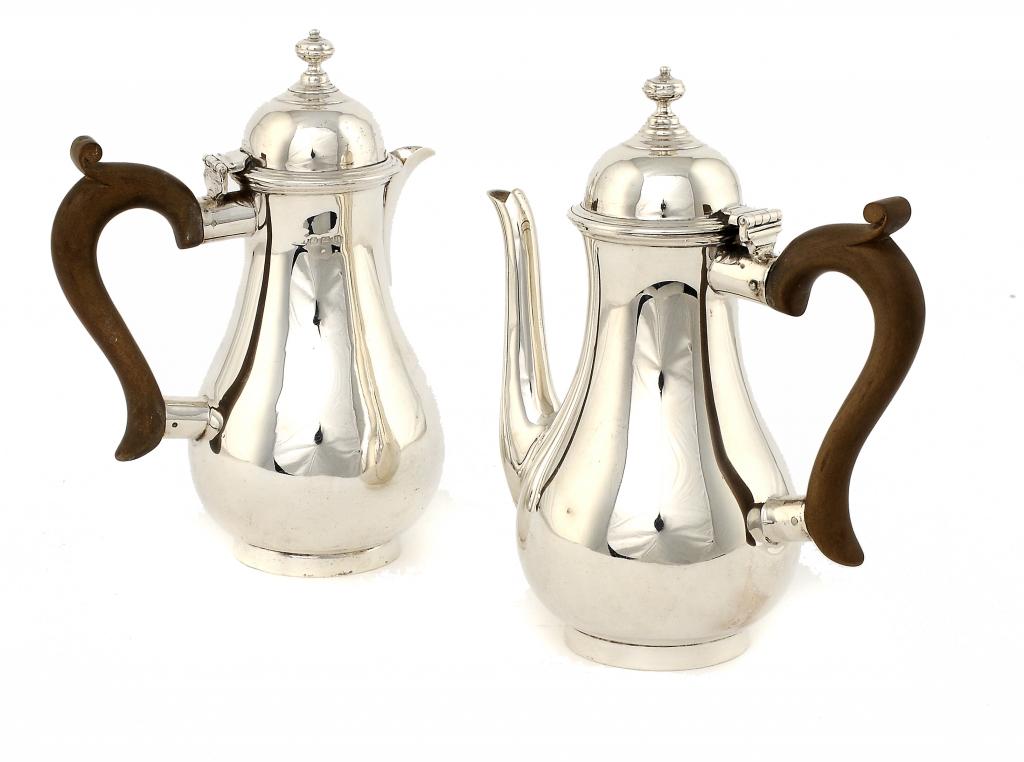 TWO GEORGE V SILVER BALUSTER CAFE AU LAIT POTS  18.5cm h, both Birmingham, by  E S Barnsley & Co