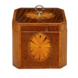 A GEORGE III MAHOGANY AND LINE INLAID TEA CADDY, C1800  with fan paterae and trompe l'oeil