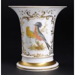 A ROCKINGHAM TRUMPET SHAPED VASE, C1830-42  painted  with two birds in gilt C scroll frame, 20cm