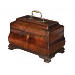 A GEORGE III MAHOGANY BOMBÉ TEA CADDY, C1780  the interior divided into three compartments, 25cm