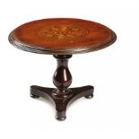 A VICTORIAN INLAID MAHOGANY MINIATURE BREAKFAST TABLE, C1880 with tip up top and oak block, 27cm