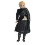 A BISQUE HEADED CHARACTER DOLL IN HIGHLAND DRESS, LATE 19TH C  with hazel glass eyes, 29cm h++Chip