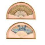 TWO FRENCH FANS, 19TH C  the leaf painted with plants in compartments or figures in a romantic