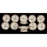 A SPODE EARTHENWARE DESSERT SERVICE, C1815-20 printed and painted with peonies, shell handled