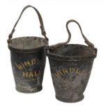 A PAIR OF VICTORIAN LEATHER FIRE BUCKETS  FROM HINDLIP HALL, C1880  30cm h, lettered in gilt beneath