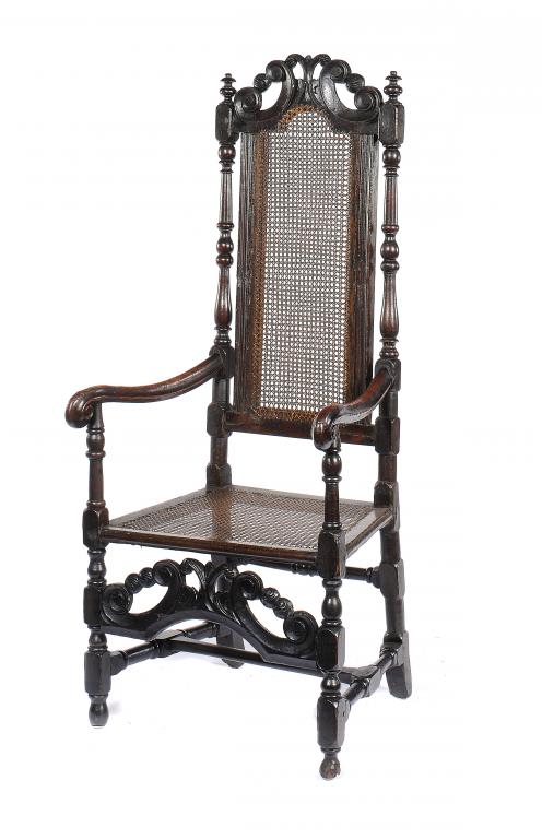 A QUEEN ANNE PAINTED BEECH AND CANED ELBOW CHAIR, c1710-20  136cm h++The back of the fore-