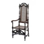 A QUEEN ANNE PAINTED BEECH AND CANED ELBOW CHAIR, c1710-20  136cm h++The back of the fore-