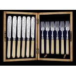 A SET OF SIX VICTORIAN SILVER FISH KNIVES AND FORKS  bone hafted, by John Round & Son Ltd, Sheffield