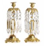 A PAIR OF FRENCH GILT BRONZE FIGURAL LUSTRE CANDLESTICKS, LATE 19TH C  on pierced rococo revival