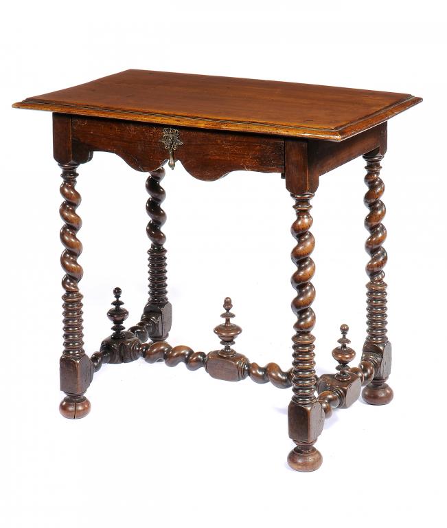 AN FRENCH WALNUT AND ACACIA  SIDE TABLE, 18TH C  with apron drawer, on spiral and ring turned