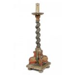 A MARBLED WOOD ALTER CANDLESTICK, ELEMENTS 17TH/18TH C the decoration later, on square base and