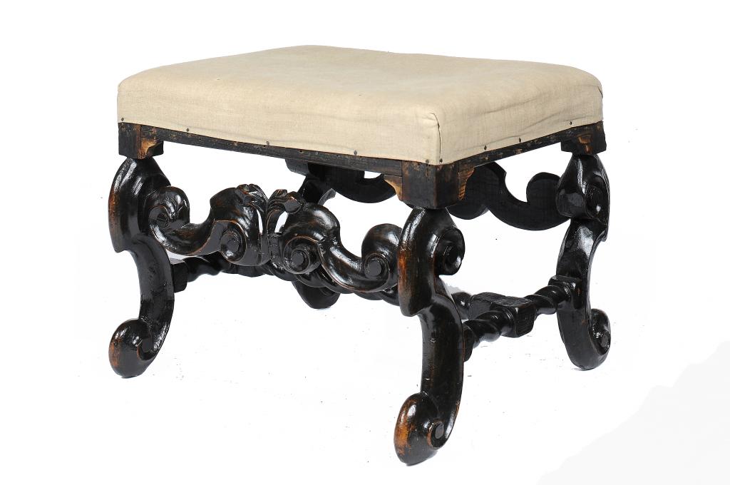 A WILLIAM III EBONISED STOOL, C1700 with twist turned centre stretcher, 40cm h; 51 x 51cm++The