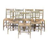 TWO SETS OF THREE AND FOUR VICTORIAN PAINTED BEECH AND CANED CHAIRS, 19TH C redecorated, 84cm h++All