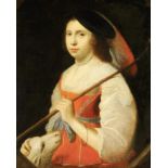 DUTCH SCHOOL, 17TH CENTURY  PORTRAIT OF A LADY AS A SHEPHERDESS  half length in a red dress, feigned