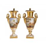 A PAIR OF PARIS PORCELAIN SWAN HANDLED  VASES, C1810  painted to one side with lovers in an