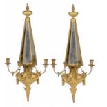 A PAIR OF NEO CLASSICAL STYLE GILTWOOD, COMPOSITION AND MIRROR INSET WALL SCONCES, EARLY 20TH C