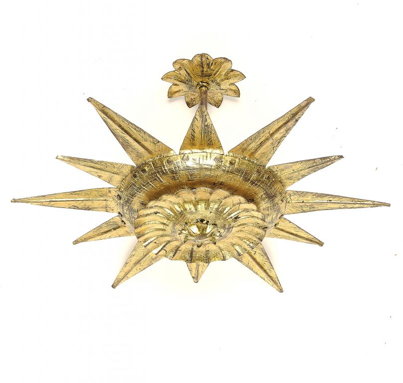 A GOLD PAINTED METAL CEILING LIGHT BY OLIVER MESSEL, C1960   in the form of a twelve pointed star,