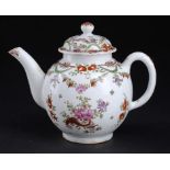 A LOWESTOFT GLOBULAR POLYCHROME TEAPOT AND COVER, C1780  decorated with a Curtis type pattern,