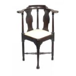 A GEORGE III OAK CORNER CHAIR, C1780  106cm h++Much encrusted with old dirt and polish but