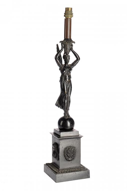 A  BRONZE WINGED VICTORY CANDLESTICK AFTER A DESIGN BY CHARLES PERCIER, C1820  the plinth applied